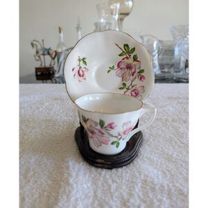 Vtg English Bone China Teacup & Saucer Pink Magnolia Floral Gold Trim